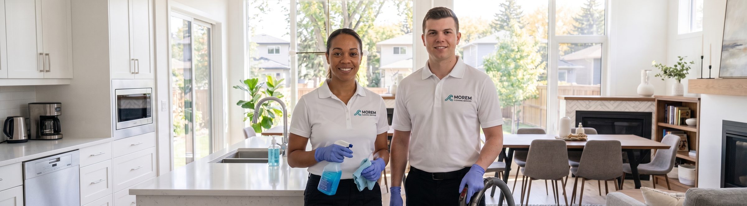 MOREM Cleaning Services team in branded uniforms in a bright modern kitchen